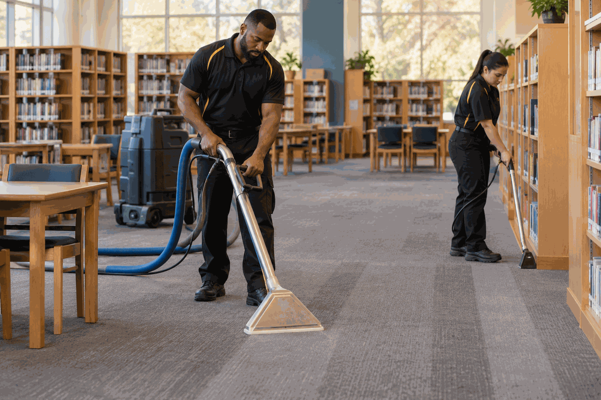 Cleaning crew extracting carpet in a library
